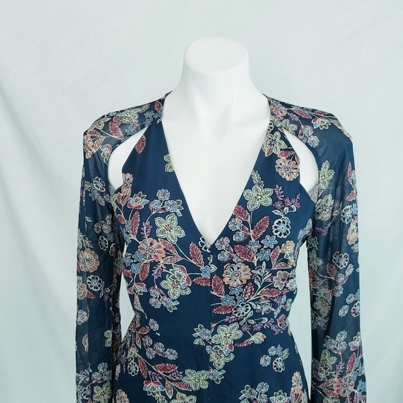 *Last Chance* Line + Dot Floral Romper w/Sheer Long Sleeves Blue Multi - Picture 3 of 12